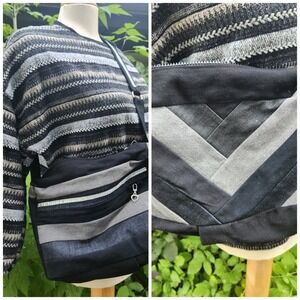 Crossbody y2k style Bag‎ Black Gray Chevron Pattern Striped purse denim handmade